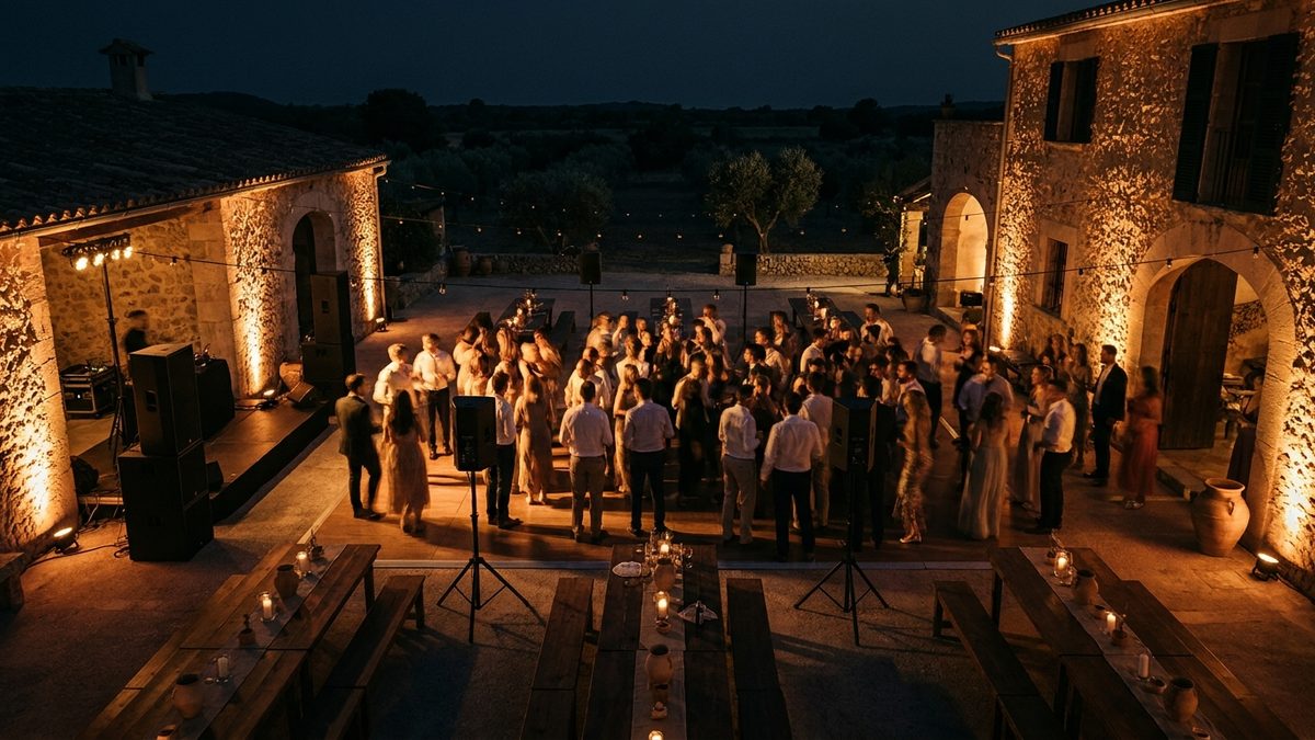 Vista elevada del pati d'una possessió mallorquina de nit muntat per a unes dues-centes persones, amb els stacks principals vora l'escenari i dues caixes de suport cap a la zona de taules