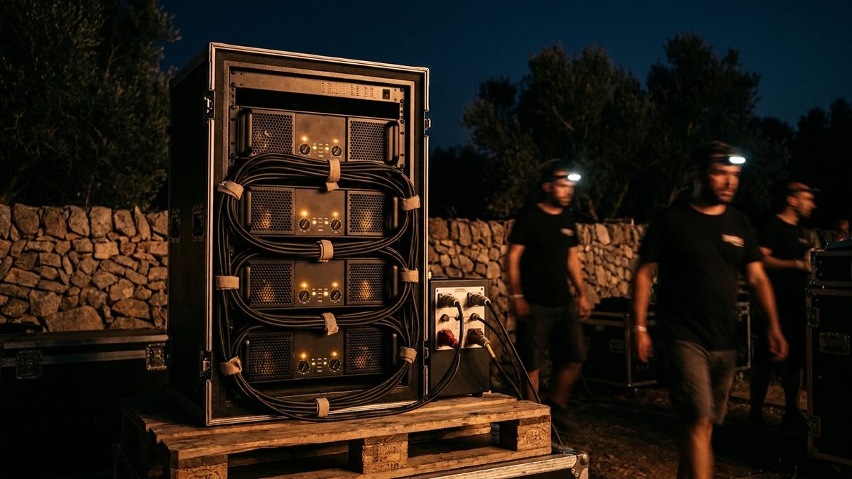 Rack d'amplificació de gira sobre un palet darrere un escenari exterior a Mallorca, amb quatre etapes de potència apilades, reixetes de ventilació i vúmetres ambre encesos