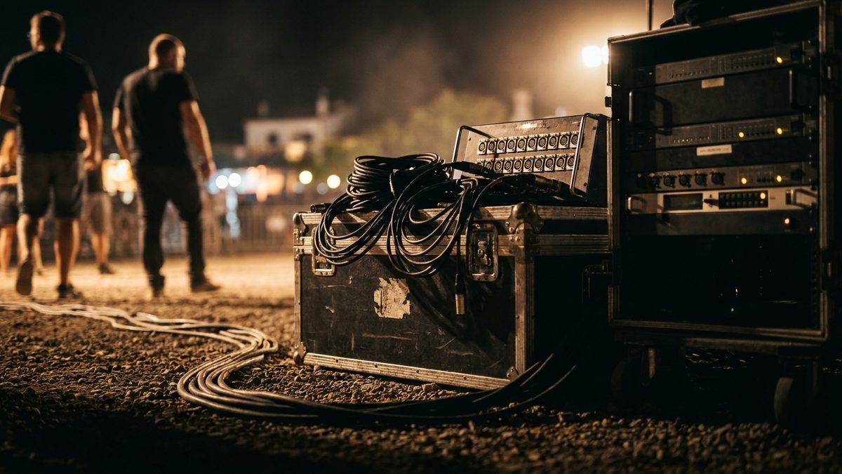 Cadena de senyal desplegada sobre un flight case en un esdeveniment nocturn: caixa d'escenari amb connectors XLR, cables recollits, mànega multipar i un rack d'electrònica amb pilots ambre