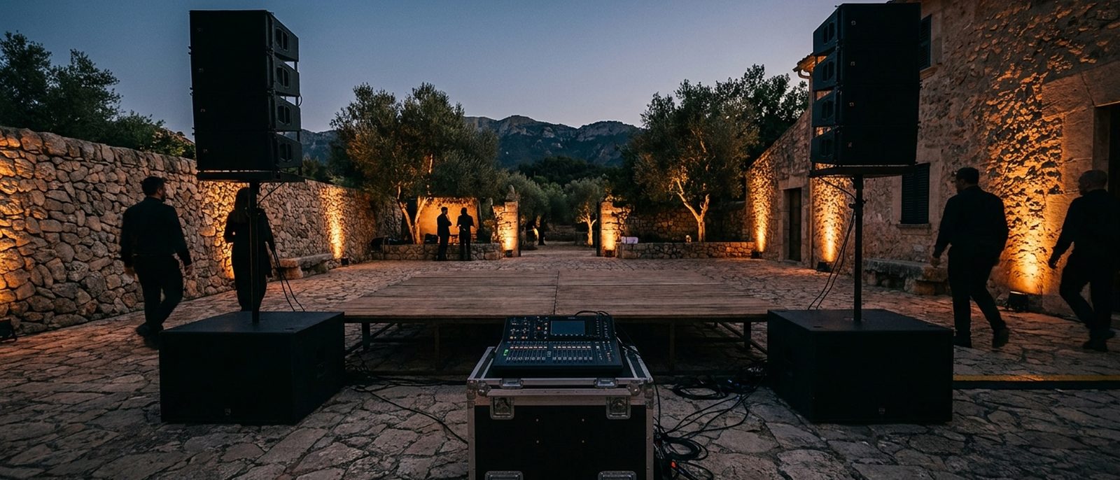 A complete professional sound rig on the courtyard of a Mallorcan finca at dusk, with two stacks flanking a stage and a digital console at the control position