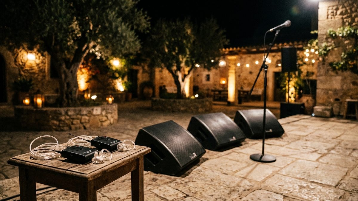 Escenari exterior buit de nit en una possessió mallorquina amb tres monitors de terra en cunya orientats a les posicions dels músics i, en una taula lateral, dos receptors in-ear amb auriculars motllurats