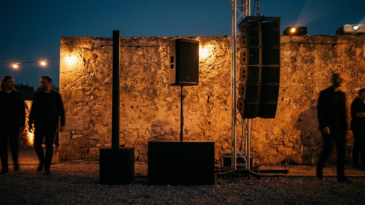 Tres sistemes PA distints alineats sobre grava davant un mur de pedra mallorquí al capvespre: columna esvelta, caixa de punt a punt sobre subgreu i line array penjat d'una torre