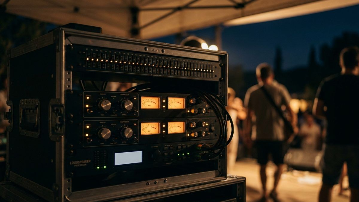 Rack de processat d'àudio en un esdeveniment nocturn: equalitzador gràfic amb multitud de lliscadors, dos compressors amb vúmetres i un processador digital d'altaveus, amb pilots ambre encesos
