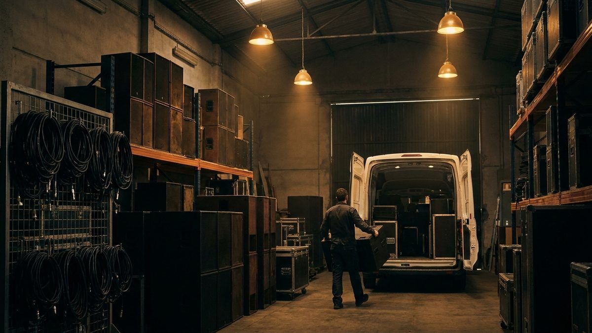 Interior d'un magatzem de lloguer de so a Mallorca al capvespre, amb prestatgeries de caixes acústiques, flight cases apilats, cables penjats i una furgoneta oberta carregant-se