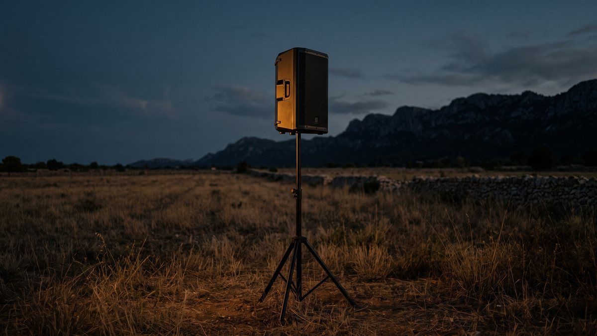 Enceinte de sonorisation professionnelle sur trépied au milieu d'un champ majorquin au crépuscule, sans aucune surface proche pour renvoyer le son
