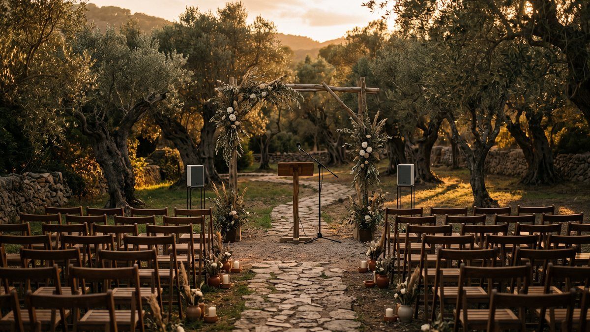 Cérémonie en plein air montée dans une oliveraie majorquine à l'heure dorée, chaises en bois vides, arche florale et deux petites enceintes discrètes réparties de chaque côté