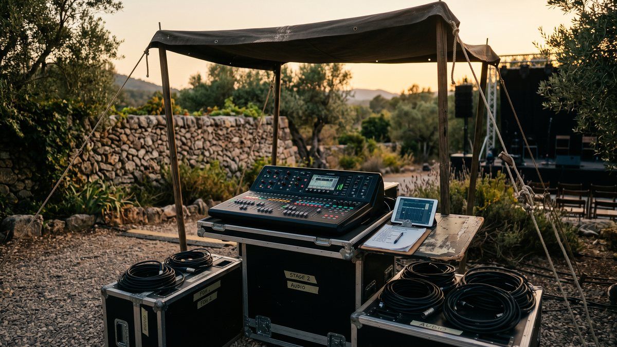 Poste de contrôle son en plein air dans un domaine majorquin en fin d'après-midi : console numérique sur flight case sous une tente, tablette et câbles rangés