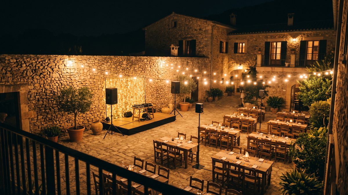 Vue en hauteur de la cour d'un domaine majorquin montée pour un événement nocturne, avec les enceintes principales près de l'estrade et deux enceintes de renfort réparties vers la zone des tables