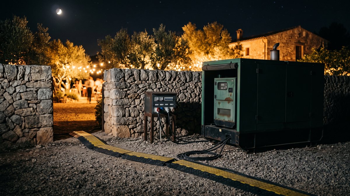 Groupe électrogène insonorisé sur gravier derrière un mur en pierre sèche dans un domaine majorquin de nuit, câble électrique protégé par des passe-câbles et un tableau de distribution