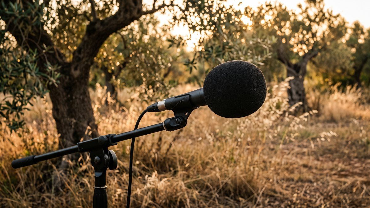 Microphone dynamique avec bonnette en mousse dense sur pied perche dans une oliveraie majorquine à l'heure dorée, herbe sèche agitée par la brise