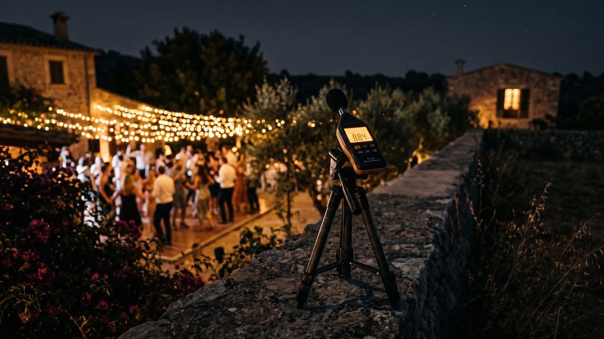 Sonomètre sur trépied au bord de la terrasse d'un domaine majorquin de nuit, pointé vers la zone de fête éclairée en ambre, avec une habitation voisine en arrière-plan