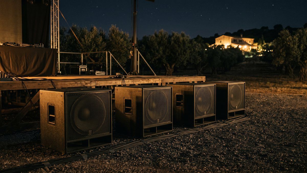 Rangée de quatre subwoofers professionnels posés au sol devant une estrade extérieure dans un domaine majorquin de nuit, câblage protégé et hameau éclairé au loin