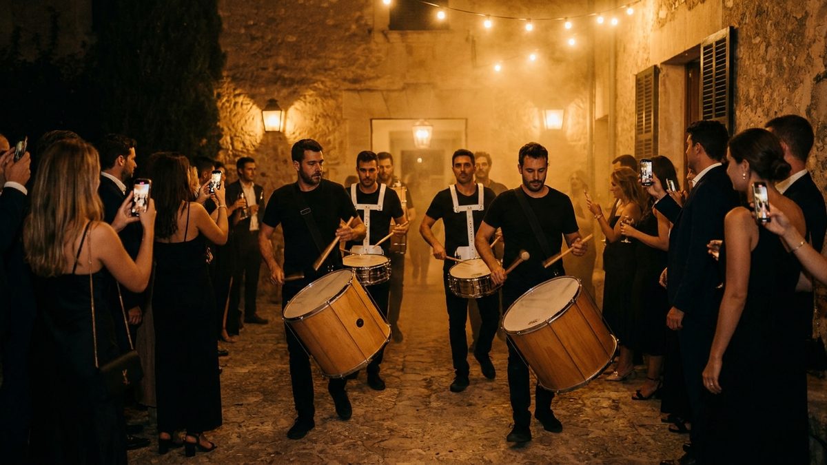 A batucada troupe with surdos and snares entering the courtyard of a Mallorcan finca at night, guests around them and amber light on the haze