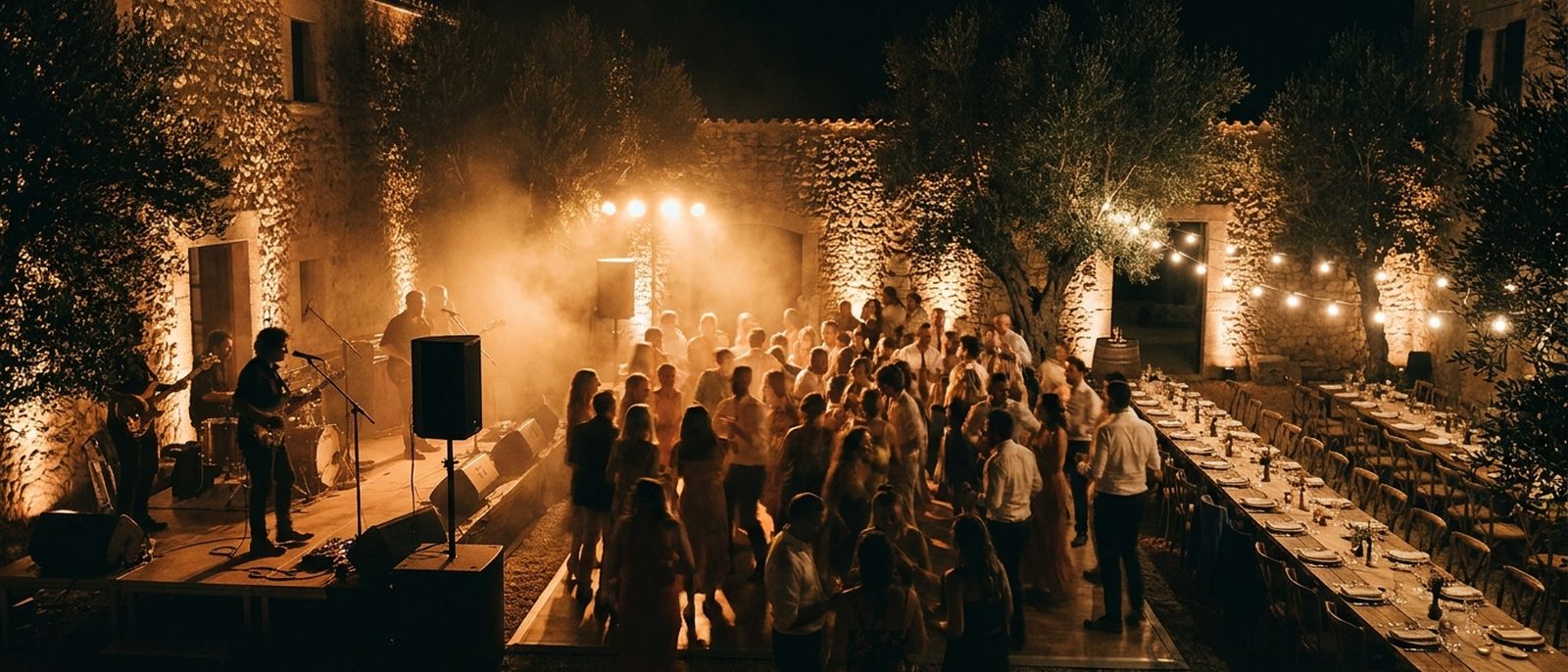 The courtyard of a Mallorcan finca in full celebration at night, with a live band on a low stage and the dance floor washed in amber