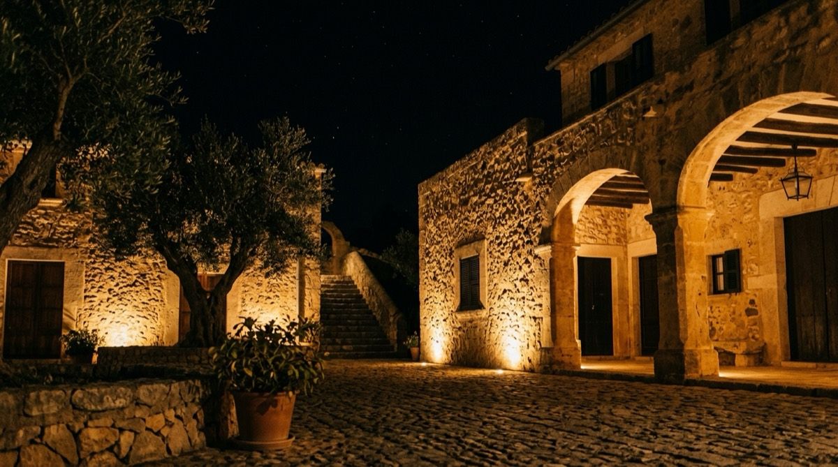 Uplighting càlid des del terra rasant un mur de pedra de marès al pati d'una possessió mallorquina de nit
