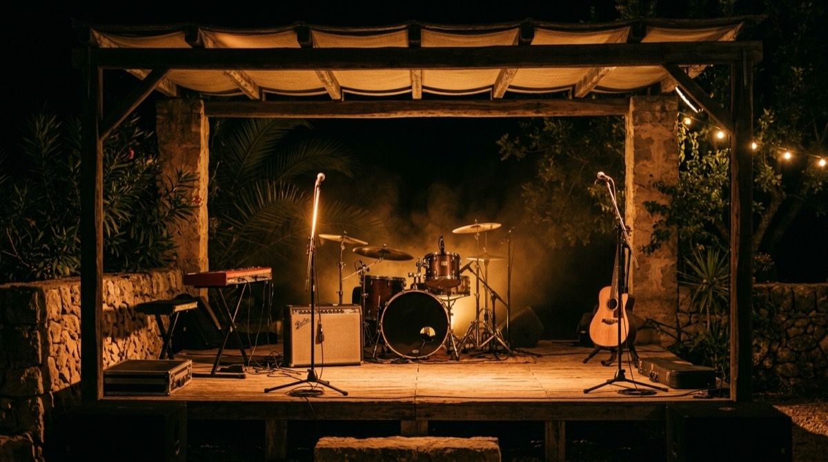 Escenari exterior de possessió preparat per a un directe, amb llum frontal càlida sobre els instruments i contrallum ambre