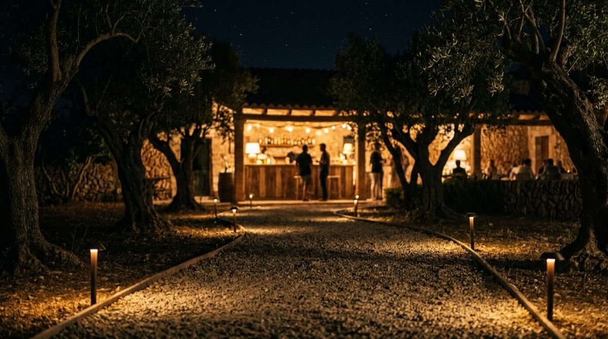 Balises de jardí marcant un camí de grava entre oliveres i, al fons, una barra exterior il·luminada de manera suau