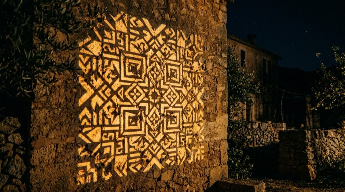 Patró geomètric projectat en llum càlida sobre el mur de pedra d'una possessió mallorquina de nit
