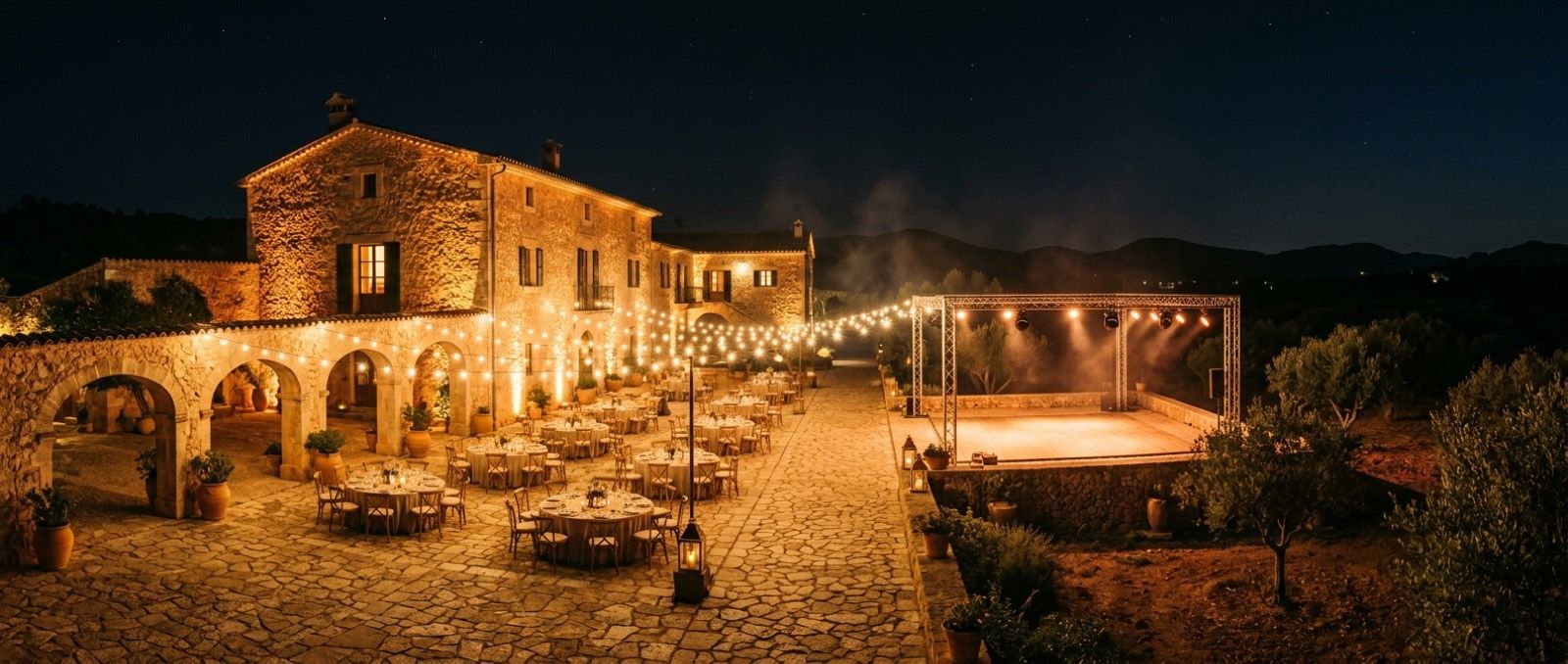 Mallorcan finca lit at night with warm uplighting on stone walls and LED fixtures over the dance floor