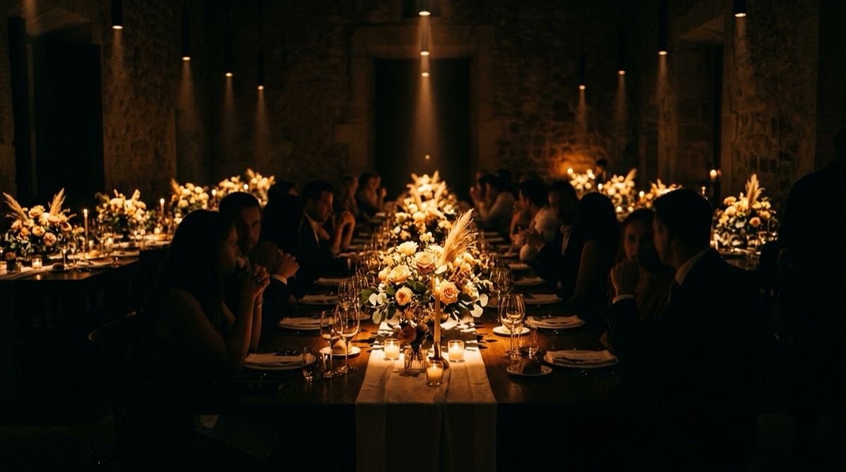 Feixos estrets de pinspot caient des de dalt sobre els centres florals d'una taula de banquet, amb la resta de la sala a les fosques