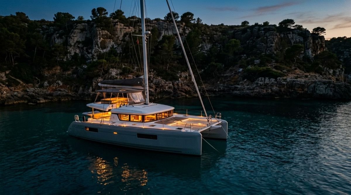 Catamarà de vela fondejat en una cala de Mallorca al capvespre, amb il·luminació càlida de coberta