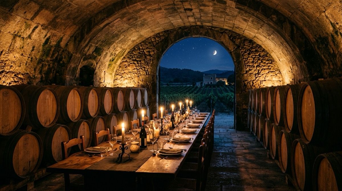 Taula llarga muntada entre bótes de roure en un celler mallorquí voltat, amb la vinya visible al fons
