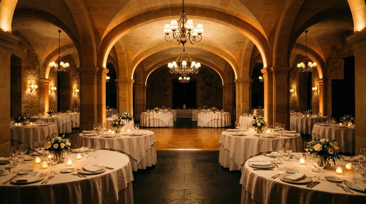 Saló de banquets d'hotel a Mallorca amb arcs de pedra, taules rodones parades i pista de ball