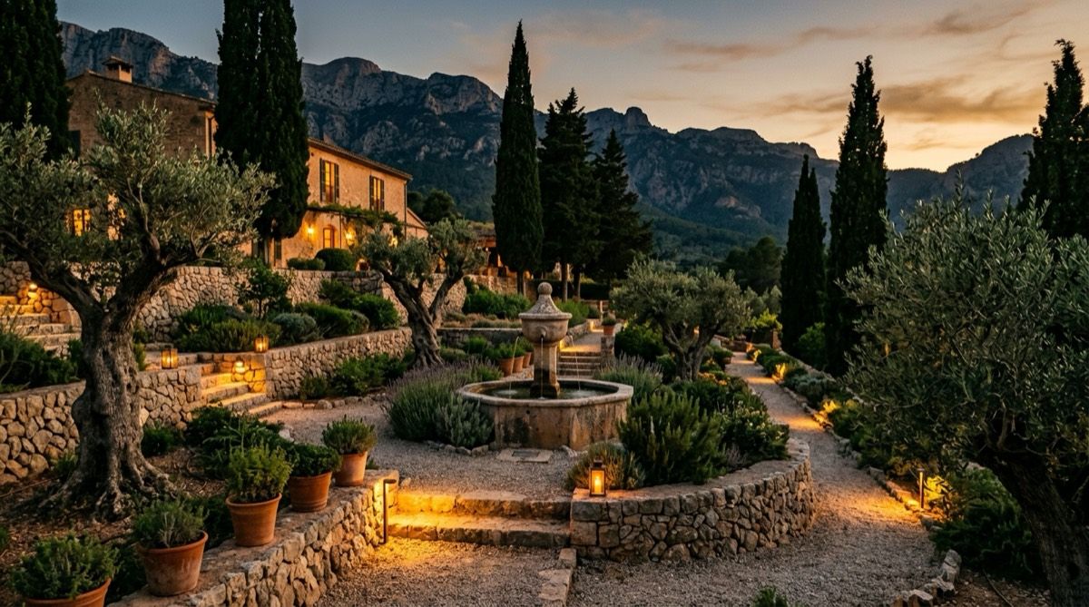 Jardí mediterrani en terrasses d'una possessió mallorquina al capvespre, amb xiprers, oliveres i les muntanyes al fons