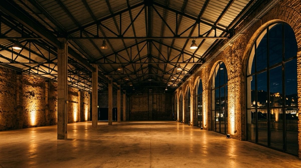 Nau industrial reconvertida en espai d'esdeveniments, amb encavallades metàl·liques vistes i murs banyats per llum ambre