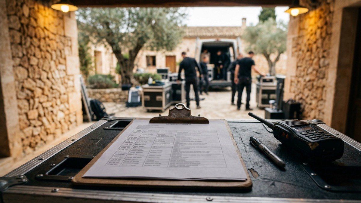 A printed running order clipped to a flight case next to a radio and a marker pen, in the courtyard of a Mallorcan finca in mid-morning light