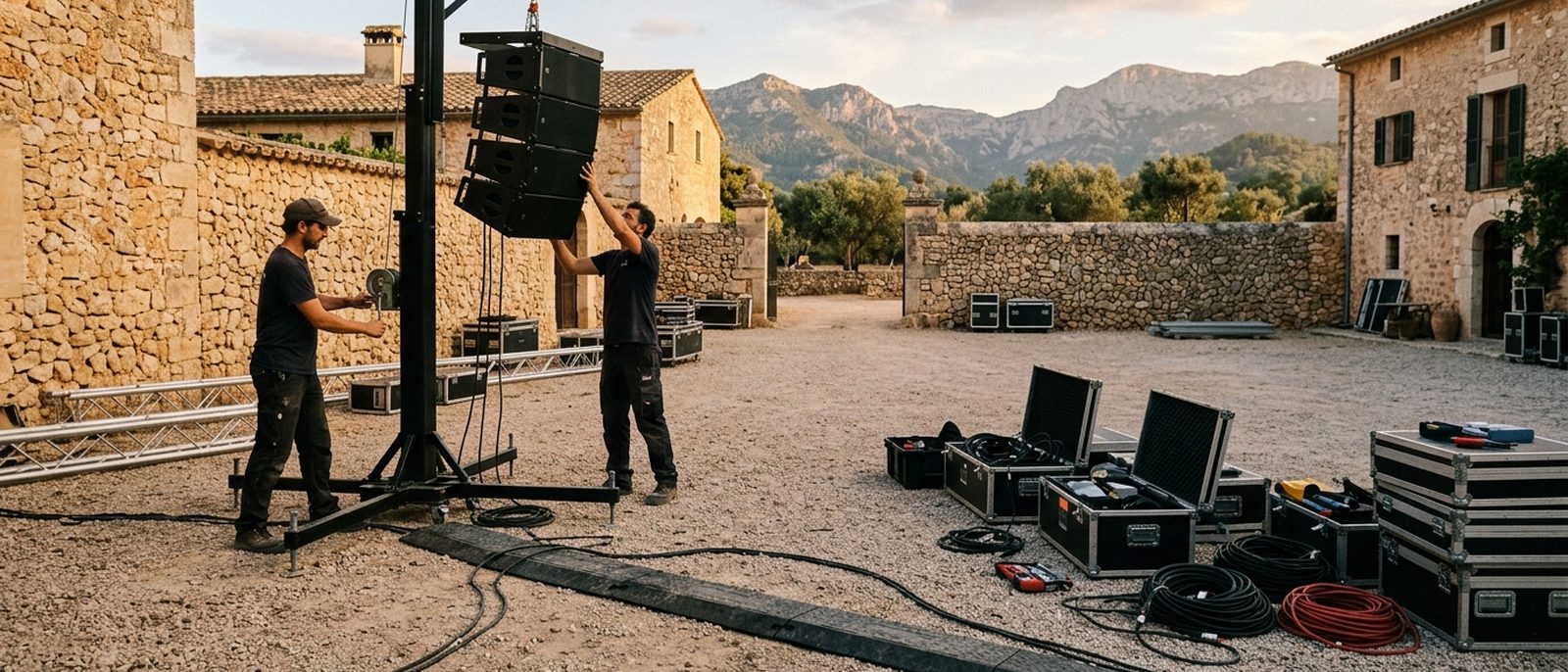 An event build in the courtyard of a Mallorcan possessió in late afternoon, with technicians raising a line array module up a tower and open flight cases on the gravel