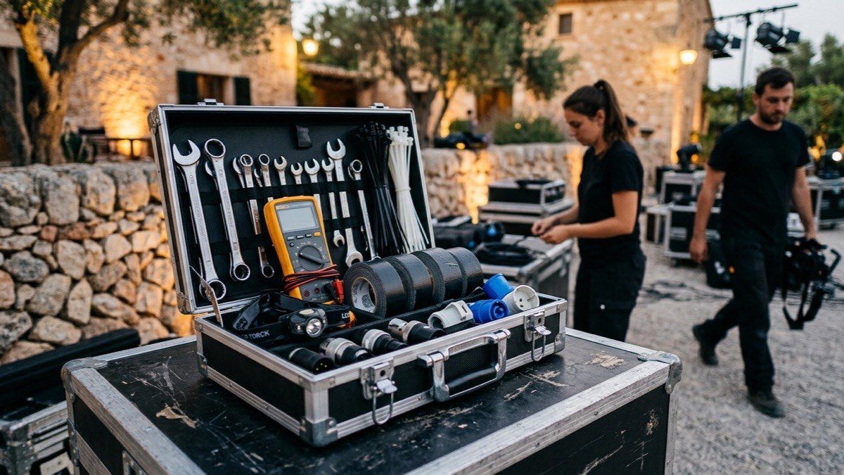 An event technician's toolbox open on a flight case, with spanners, a multimeter, rolls of black gaffer tape, cable ties, a head torch and electrical adaptors laid out