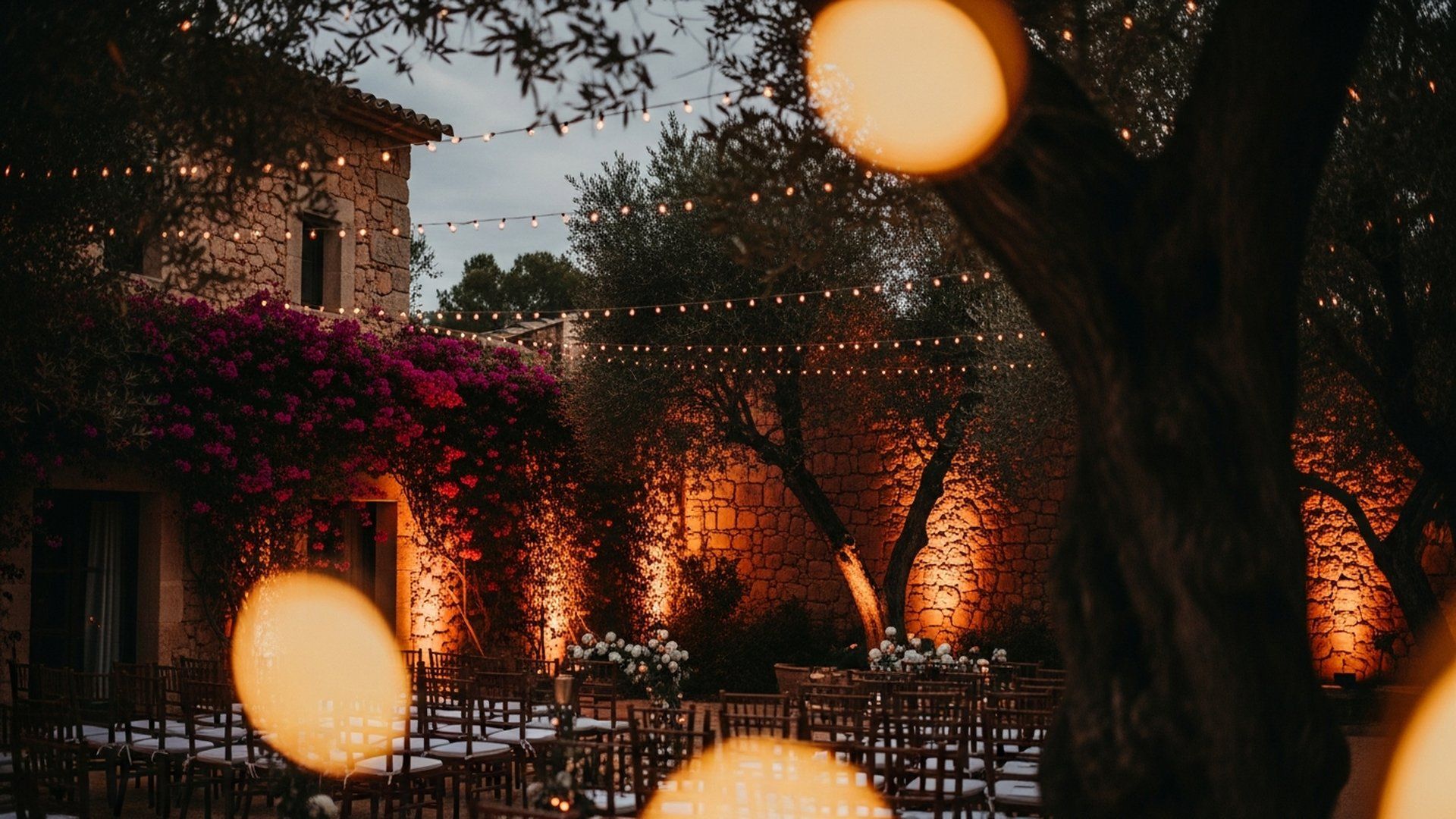 Professional wedding sound and lighting setup at a Mallorca villa with Line Array system and on-site technician — FØNØY Sound