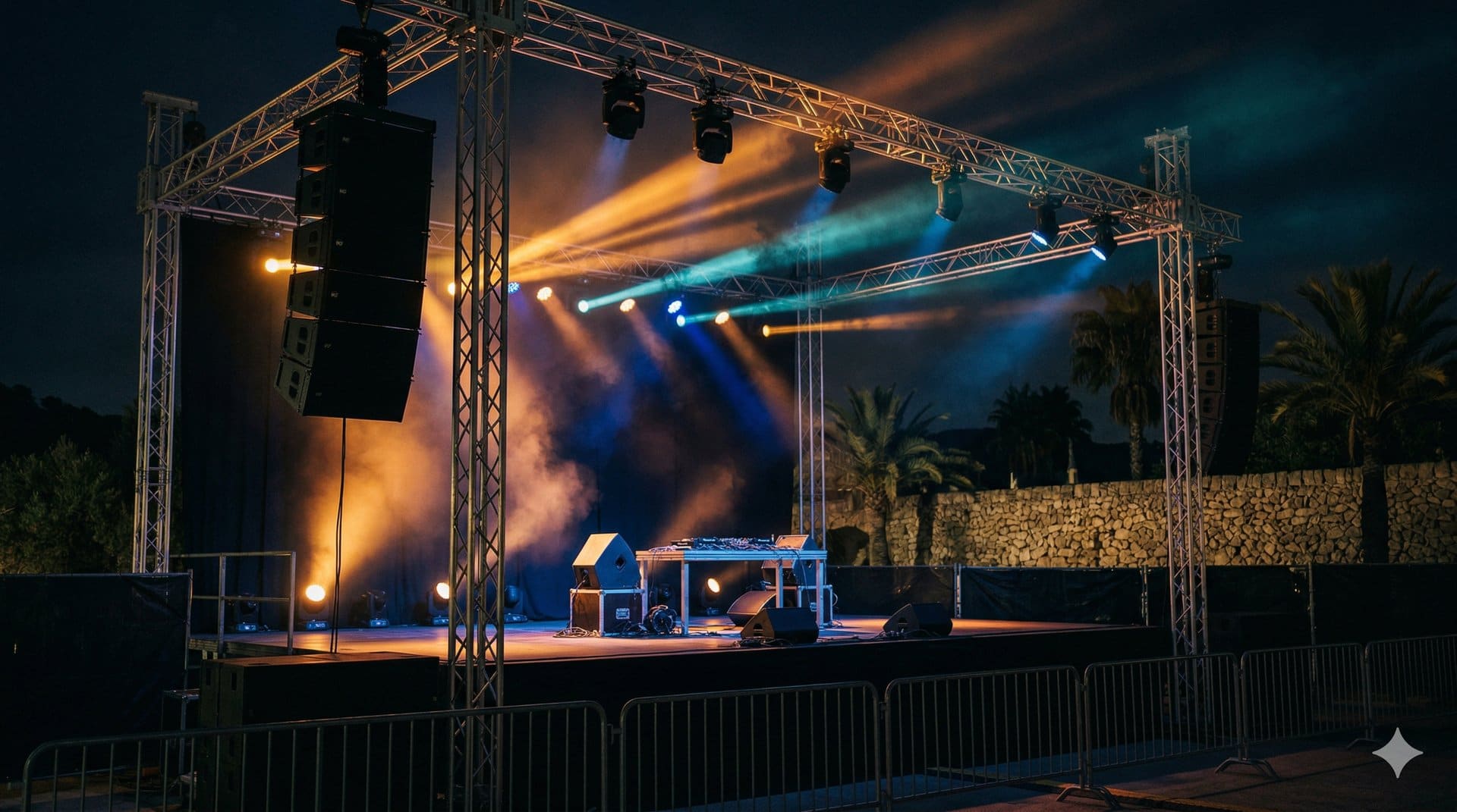 Open-Air-Konzertbühne mit Line Array Lautsprechersystem und Moving Heads auf Mallorca — FØNØY Sound
