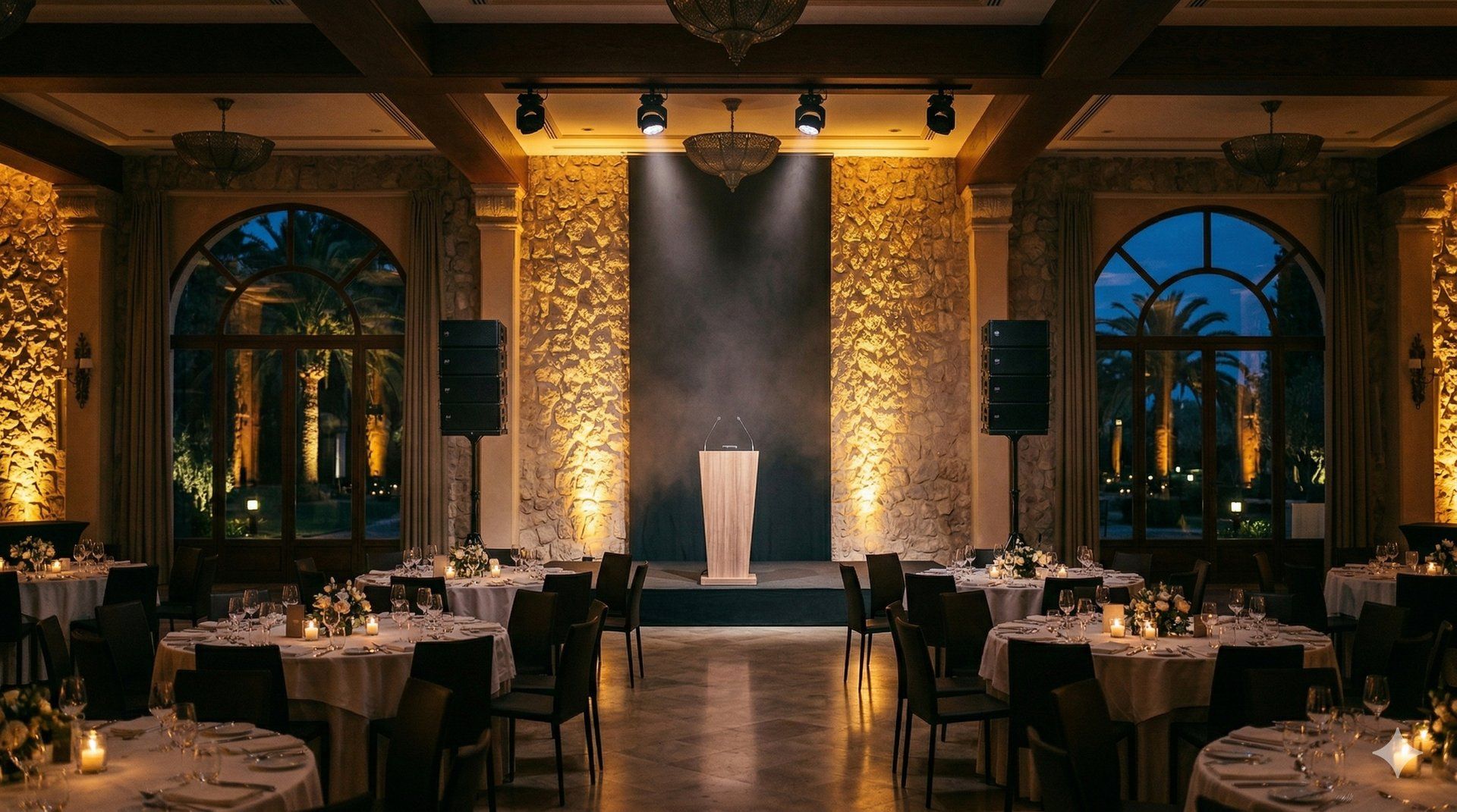 Audiovisual production for corporate event at a Mallorca hotel with wireless microphones and screens — FØNØY Sound